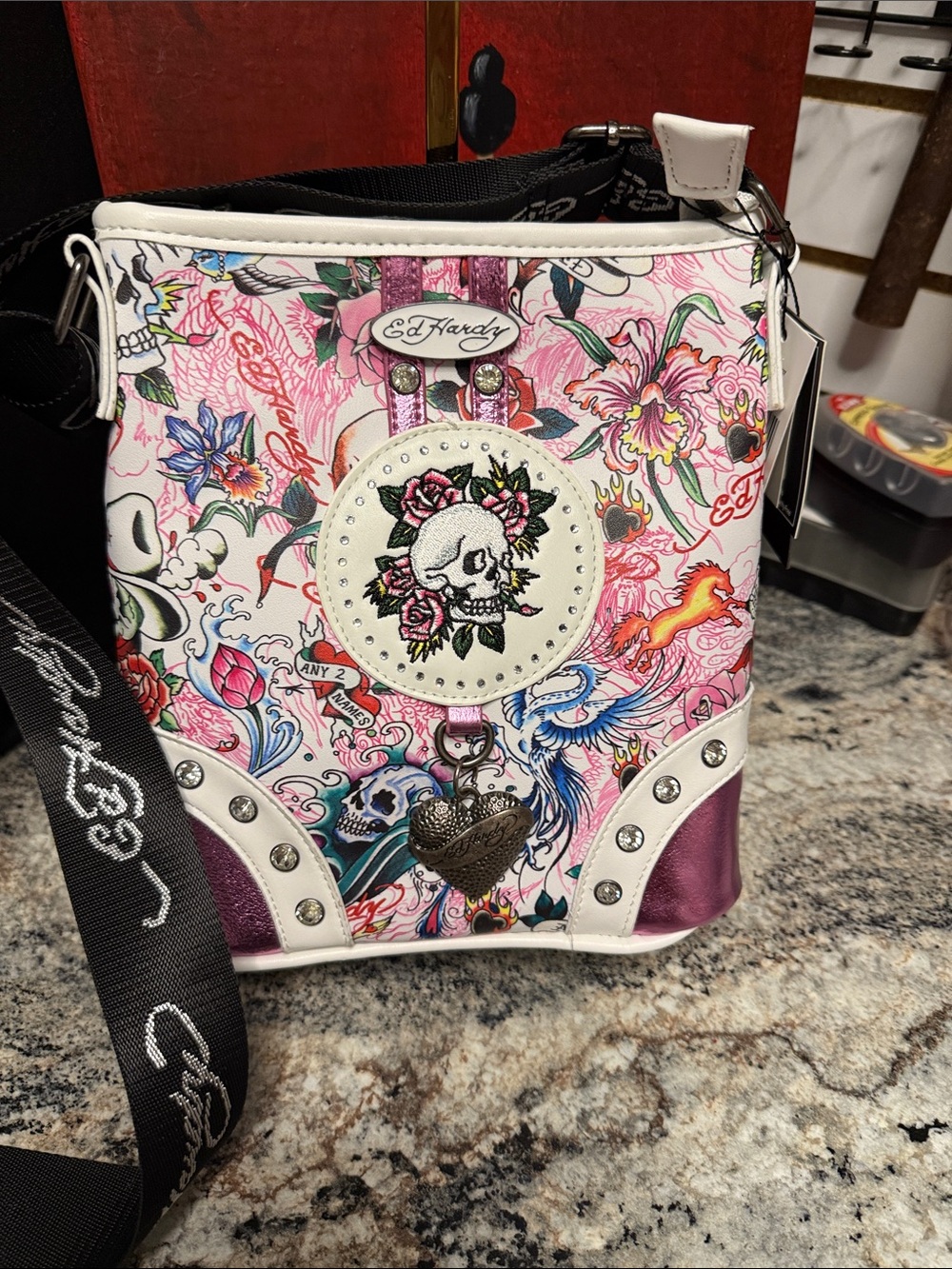 Ed Hardy Pink Floral Skull Crossbody Bag - Pink/White